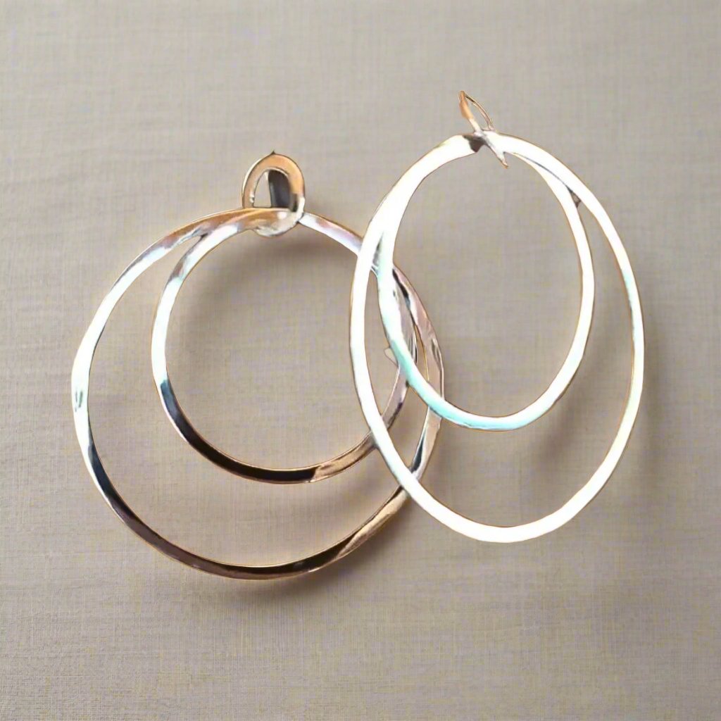 Large shiny sterling silver double hoop handmade earrings