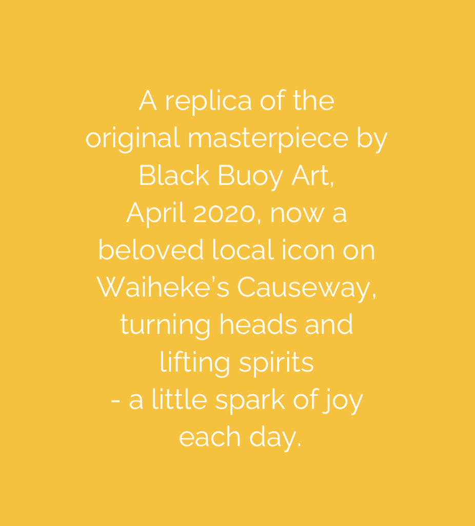 Text on a yellow background about a replica of Black Buoy Art's original masterpiece of a Yellow Submarine artwork.

