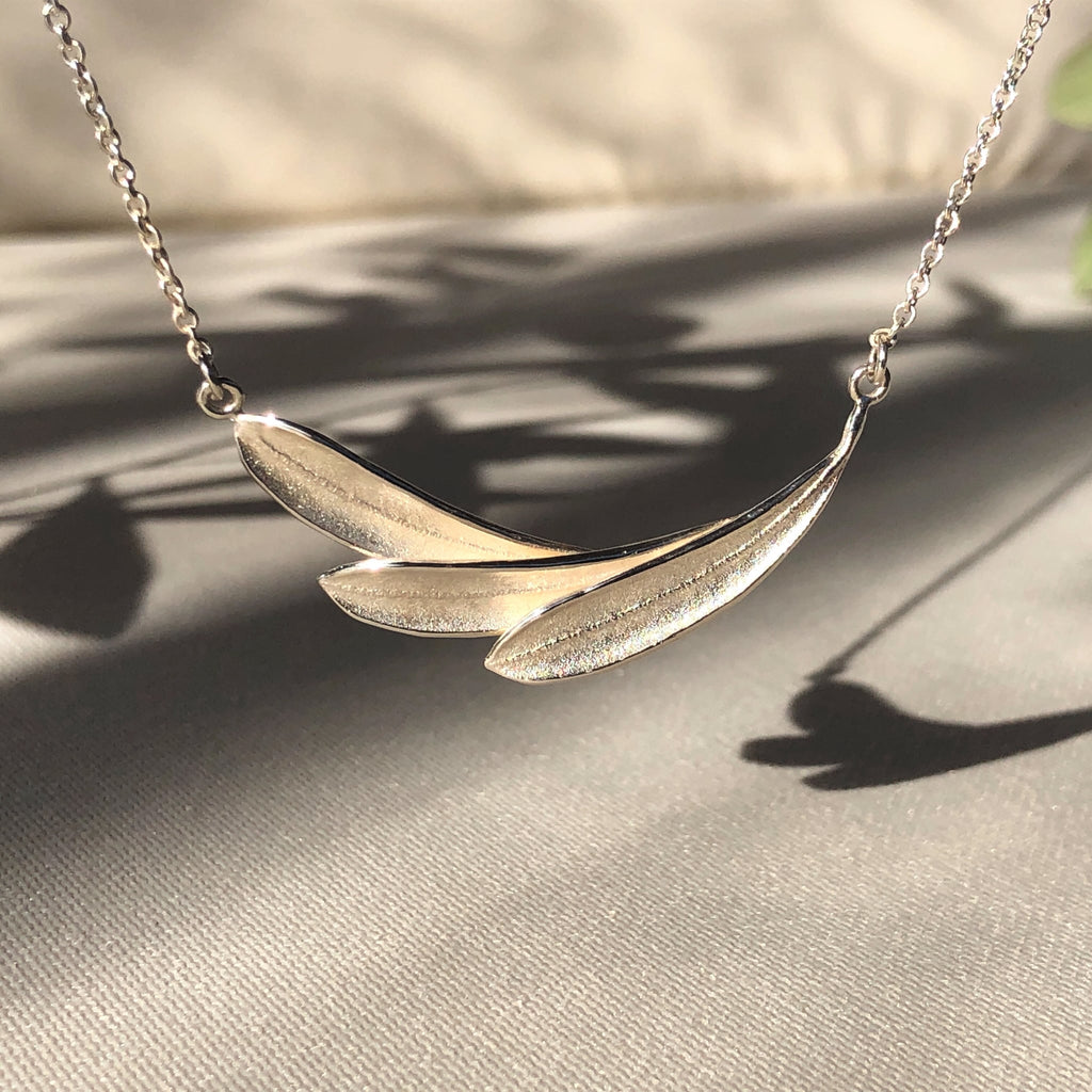 Three olive leaf sterling silver bar necklace